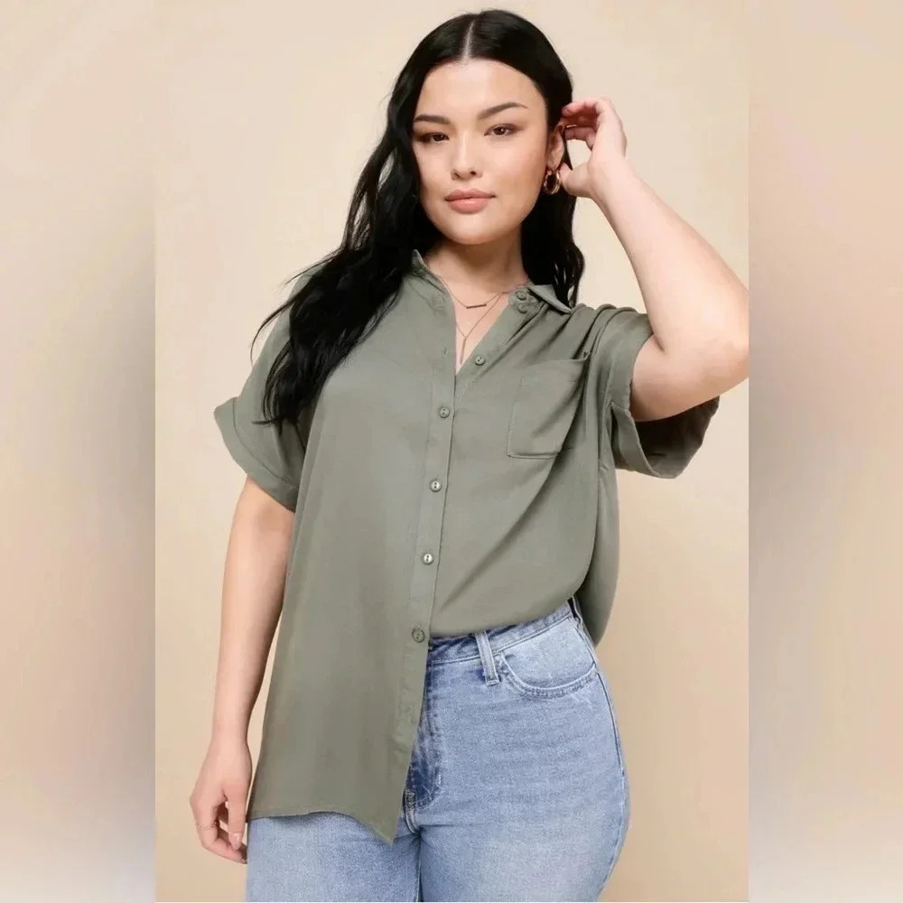 Lulus Blythe Olive Green Short Sleeve Button-Up Top Size Large 100% Rayon